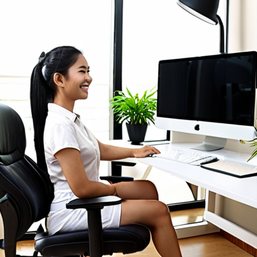 **

> A person working comfortably at a modern ergonomic desk setup with proper posture, showcasing a happy and productive work environment, perhaps with a lush green plant nearby, symbolizing health and well-being in a Thai home office.

**