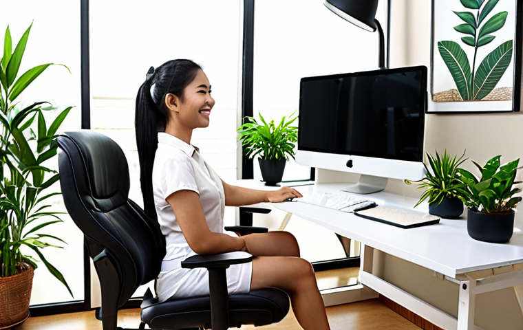 **
> A person working comfortably at a modern ergonomic desk setup with proper posture, showcasing a happy and productive work environment, perhaps with a lush green plant nearby, symbolizing health and well-being in a Thai home office.
**