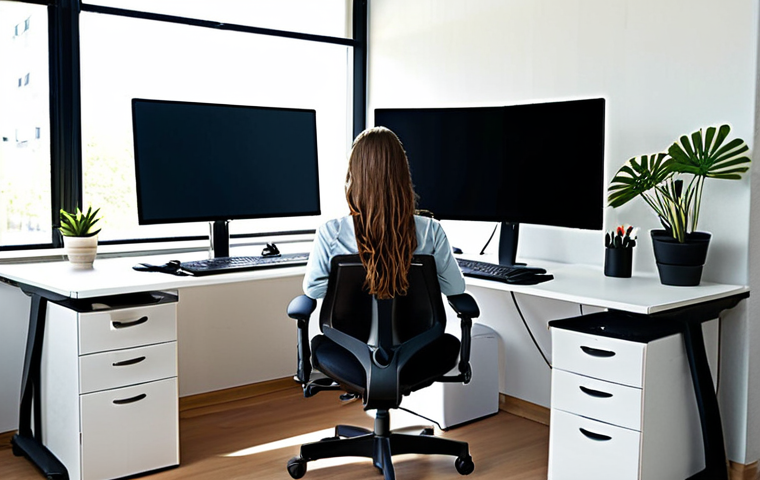 **Ergonomic Office:** A brightly lit ergonomic office setup. A person is seated in a fully adjustable ergonomic chair, maintaining good posture while working at a clean desk with dual monitors. The scene emphasizes a healthy and productive workspace with natural light and organized surroundings.