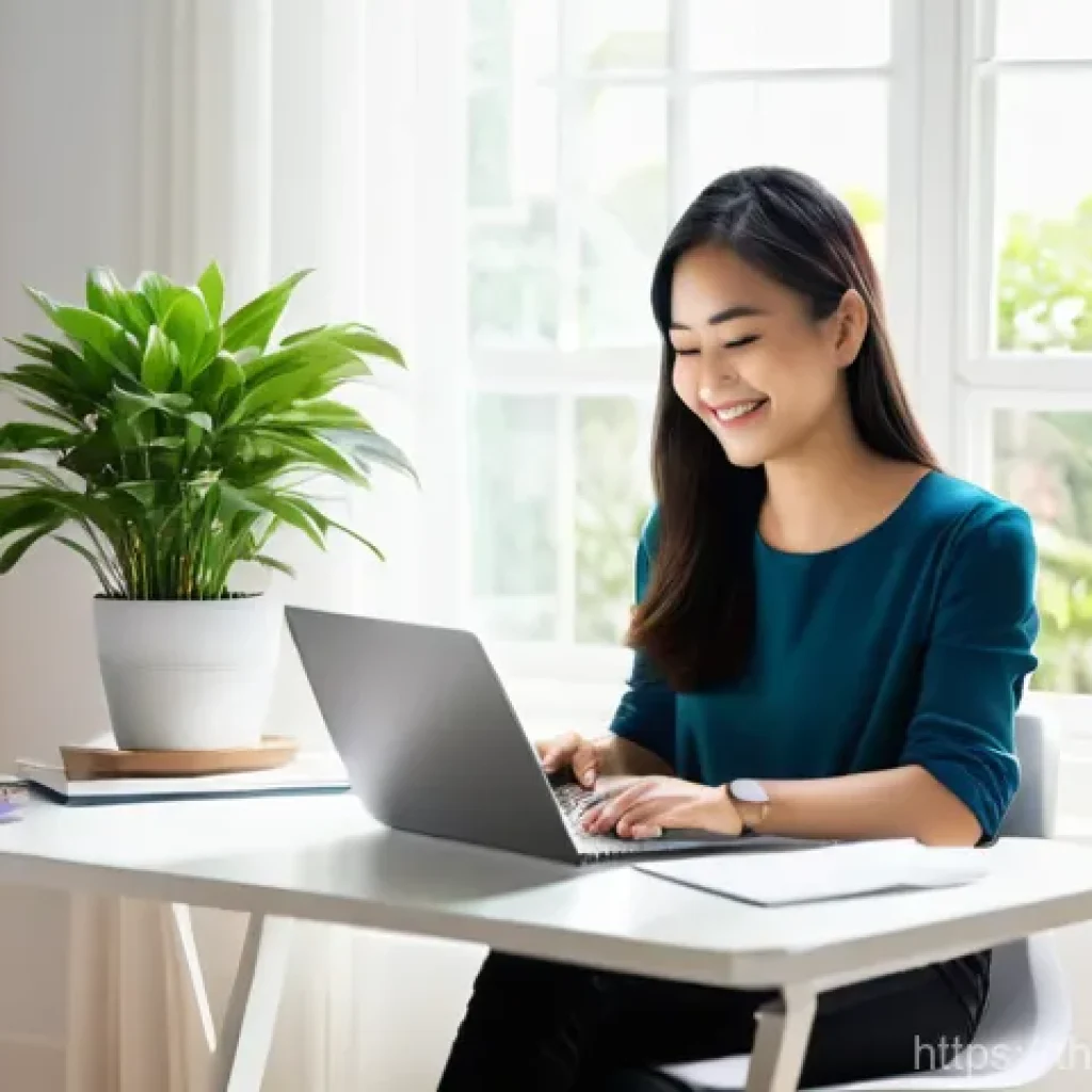 에르고노믹 가구에 대한 소비자 인식 조사 - **Prompt: A Thai woman, in her late 20s, with a gentle smile, sits comfortably at a modern ergonomic...