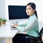 에르고노믹 가구의 과학적 근거 - **Prompt: A modern, comfortable Thai professional working at an ergonomic chair.**
    A young Thai ...