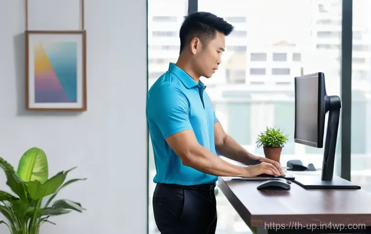 에르고노믹 가구의 과학적 근거 - **Prompt: A modern, comfortable Thai professional working at an ergonomic chair.**
    A young Thai ...
