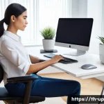 에르고노믹 가구와 건강한 라이프스타일 - **A highly detailed image of a modern, ergonomic home office setup.** A young adult (20s-30s, non-sp...