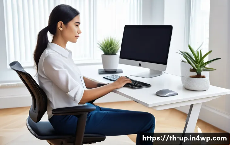 에르고노믹 가구와 건강한 라이프스타일 - **A highly detailed image of a modern, ergonomic home office setup.** A young adult (20s-30s, non-sp...