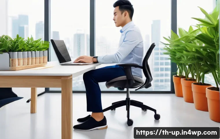 에르고노믹 의자와 허리 건강 관계 - A modern ergonomic office chair in a bright, well-lit workspace, featuring adjustable lumbar support...