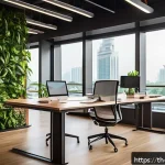 Home 18 스마트 에르고노믹 가구의 미래 - A modern Thai office space featuring an ergonomic smart desk made from natural wood and aluminum, ad...