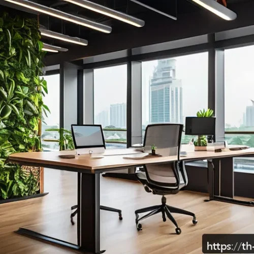 Home 30 스마트 에르고노믹 가구의 미래 - A modern Thai office space featuring an ergonomic smart desk made from natural wood and aluminum, ad...