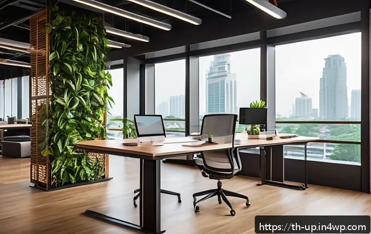 스마트 에르고노믹 가구의 미래 - A modern Thai office space featuring an ergonomic smart desk made from natural wood and aluminum, ad...
